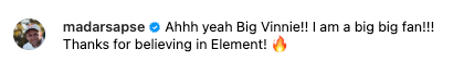 Screengrab of comment that reads: Ahhh yeah Big Vinnie!! I am a big big fan!!! Thanks for believing in Element! 🔥