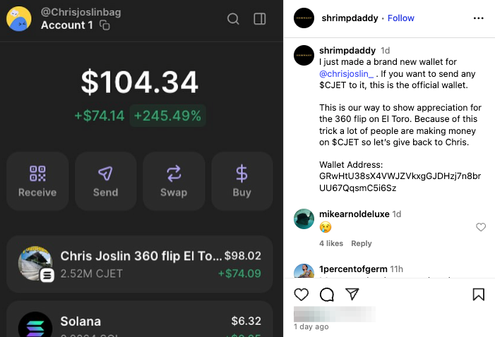 Instagram post from @shrimpdaddy that reads: I just made a brand new wallet for @chrisjoslin_ . If you want to send any $CJET to it, this is the official wallet.  This is our way to show appreciation for the 360 flip on El Toro. Because of this trick a lot of people are making money on $CJET so let’s give back to Chris.
